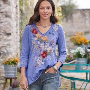 Johnny Was Keegan Floral Embroidered Purple Tunic Shirt Top
